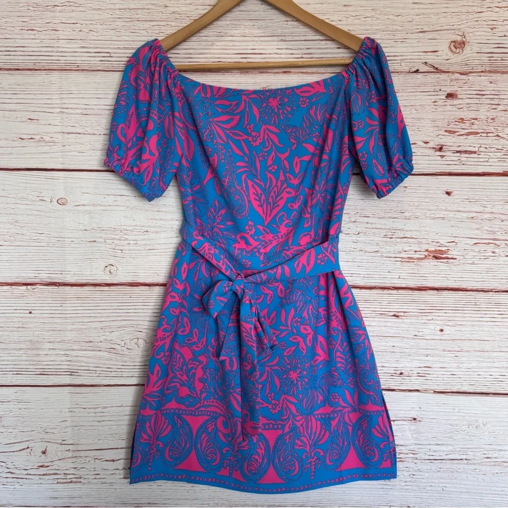 Lilly Pulitzer Jada Off The Shoulder Romper in Aura Pink Leaf An Impression Sz 2 - Picture 5 of 16